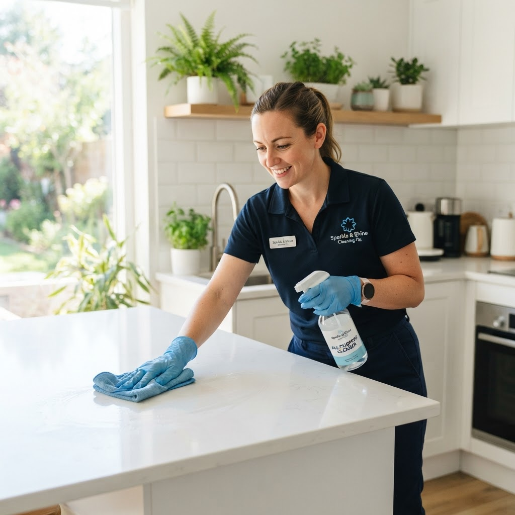 Professional cleaner wiping a kitchen counter